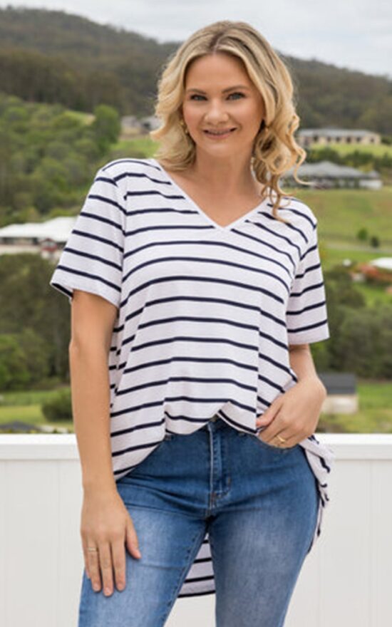 T-Shirt Top In White/Navy Stripe product photo.