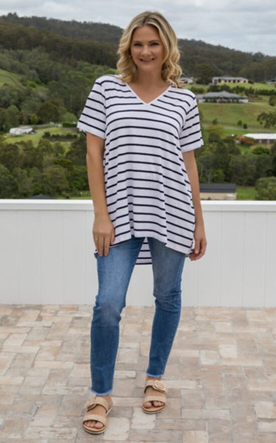 T-Shirt Top In White/Navy Stripe product photo.
