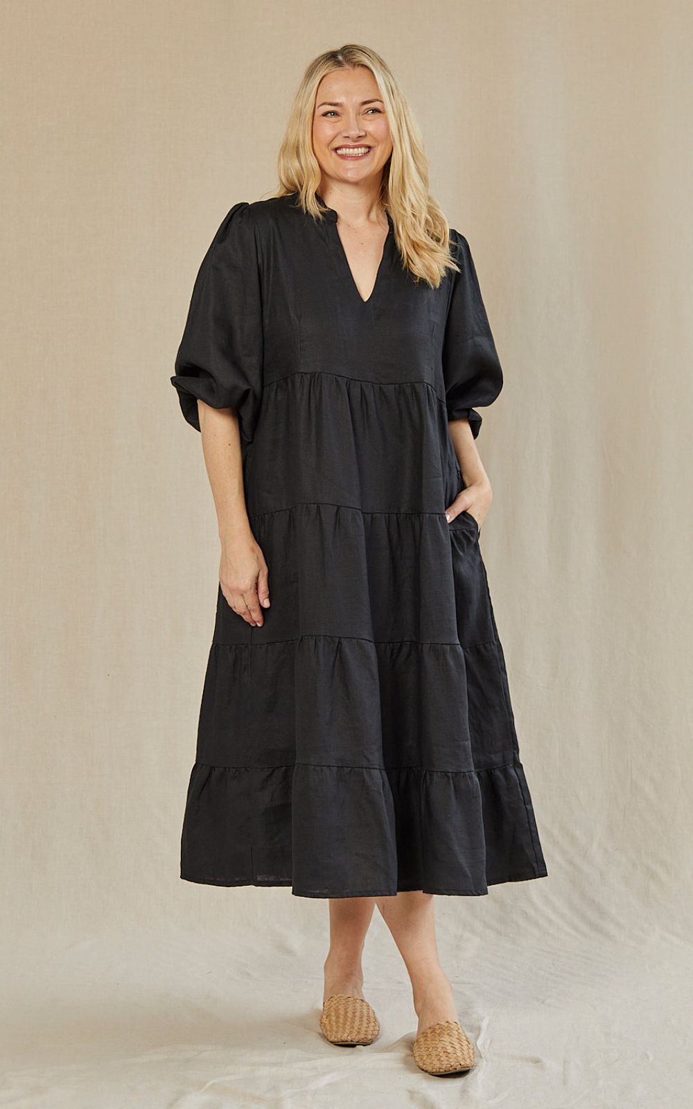 Sabre V Neck Linen Dress  Zebrano | Designer Clothing NZ
