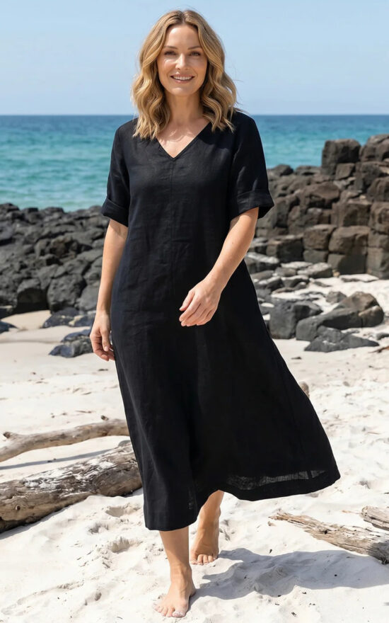 Tamara Linen V Neck Dress product photo.