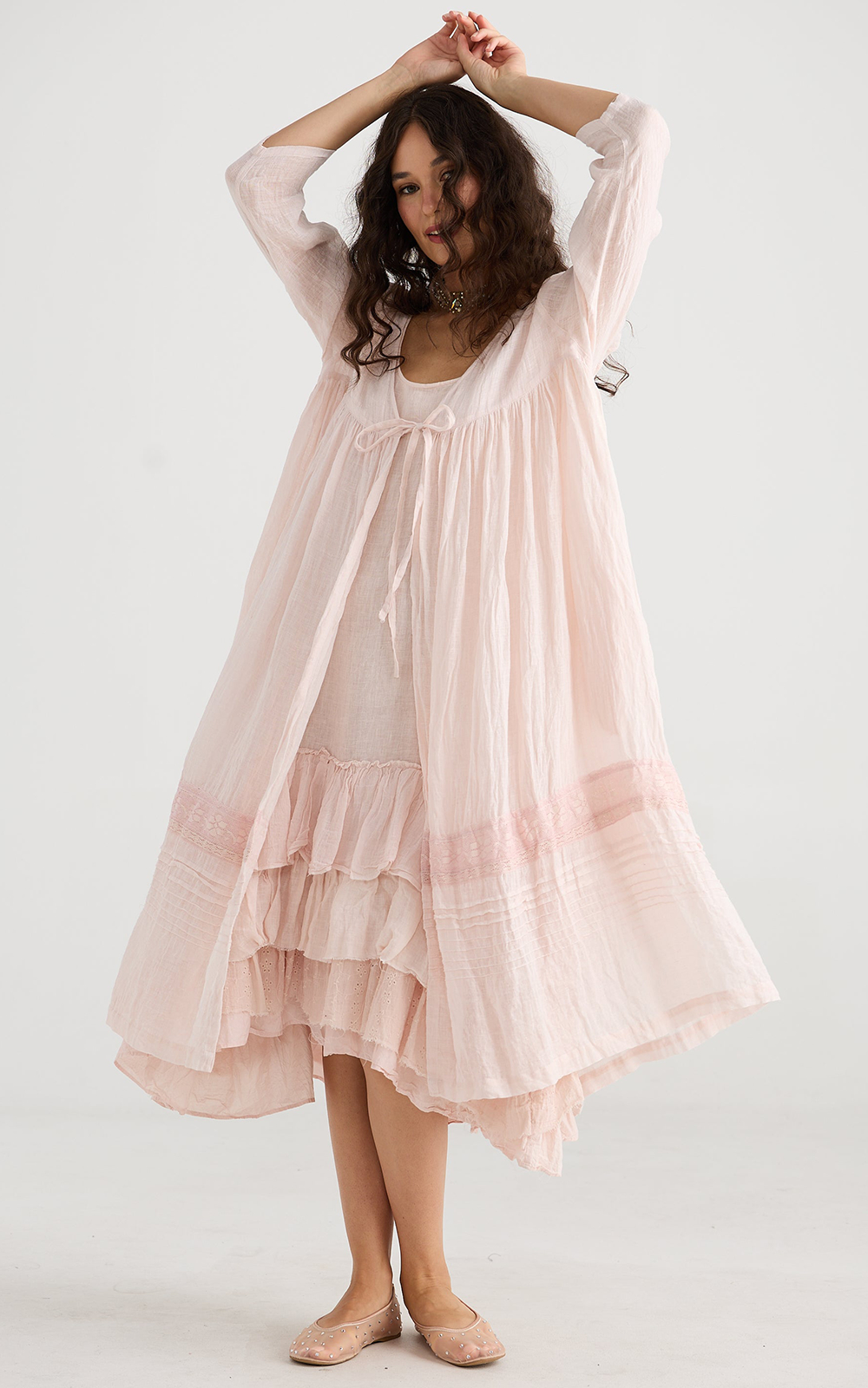 Enchantress Long Linen Gauze Coat | Powder Pink. Enchantress Long Linen Gauze Coat | Powder Pink.
