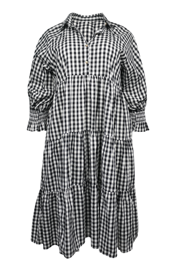 Gingham Billow Sleeve Dress product photo.
