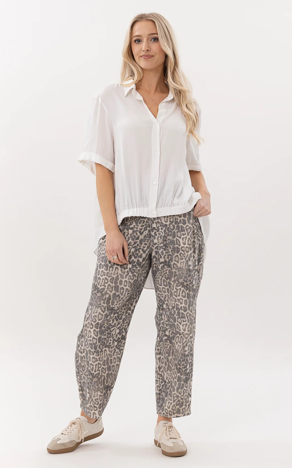 Leopard Barrel Jean product photo.