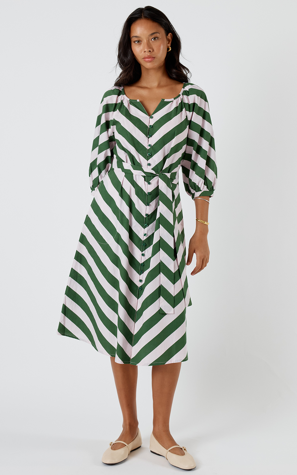 knee length dresses for ladies Women's in Perfect Order Green Stripe Button Front Ruffle Collar Midi Shirt Dress | Size: M